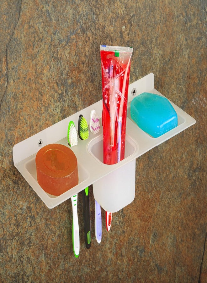 HAPPI Unbreakable ABS Plastic 4 in 1 Soap Dish Holder Glass Tumbler and Tooth Brush Holders, Soap Stand, Soap Case, Soap Holder Stand Wall Mounted for Bathroom (White) - Image 1